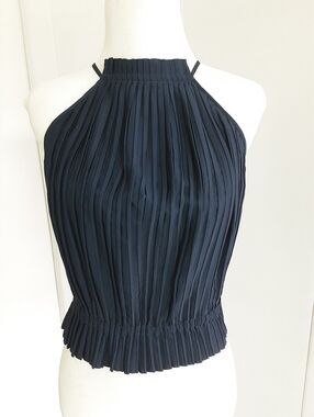 BANANA REPUBLIC Midnight Blue Pleated Mock Neck Halter Crop tank Top Sz M